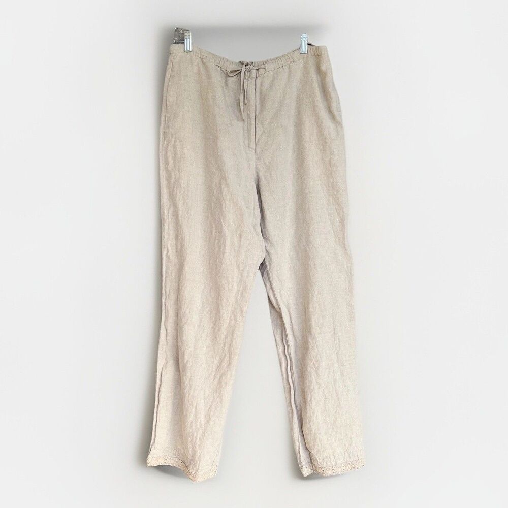 Liz Claiborne Linen Lace Trim Pants Womens 12 Beige Boho Coastal Lagenlook Flowy